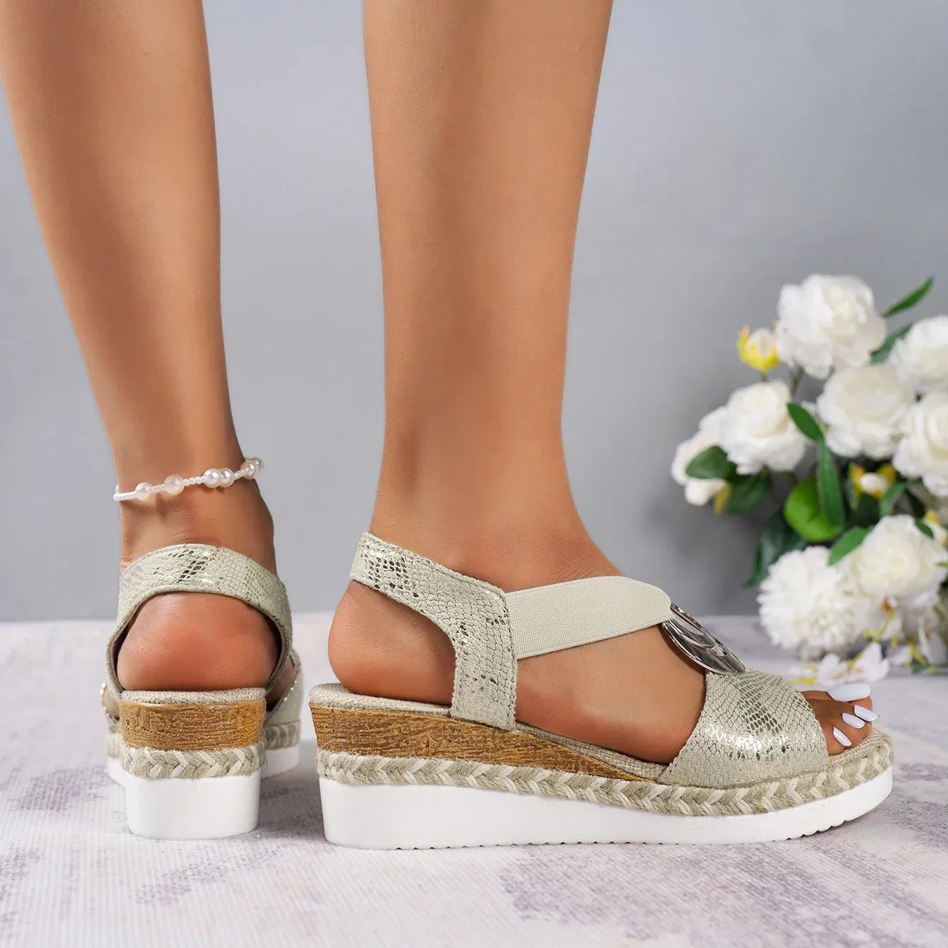 Amozae-Twine Woven Wedge Sandals Women Thick Sole Casual Roman Sandals Ladies Metal Decoration Fashion Summer Platform Sandals Women