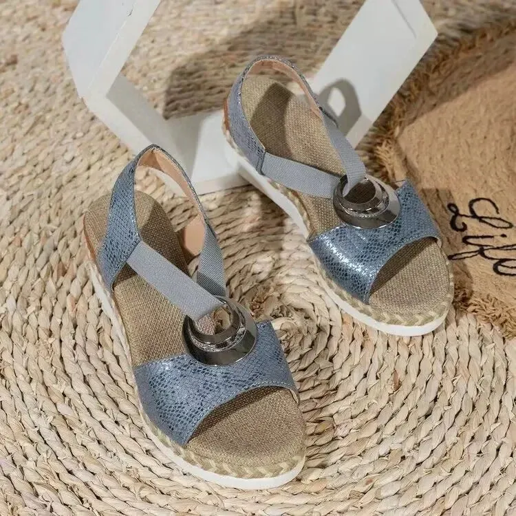 Amozae-Twine Woven Wedge Sandals Women Thick Sole Casual Roman Sandals Ladies Metal Decoration Fashion Summer Platform Sandals Women