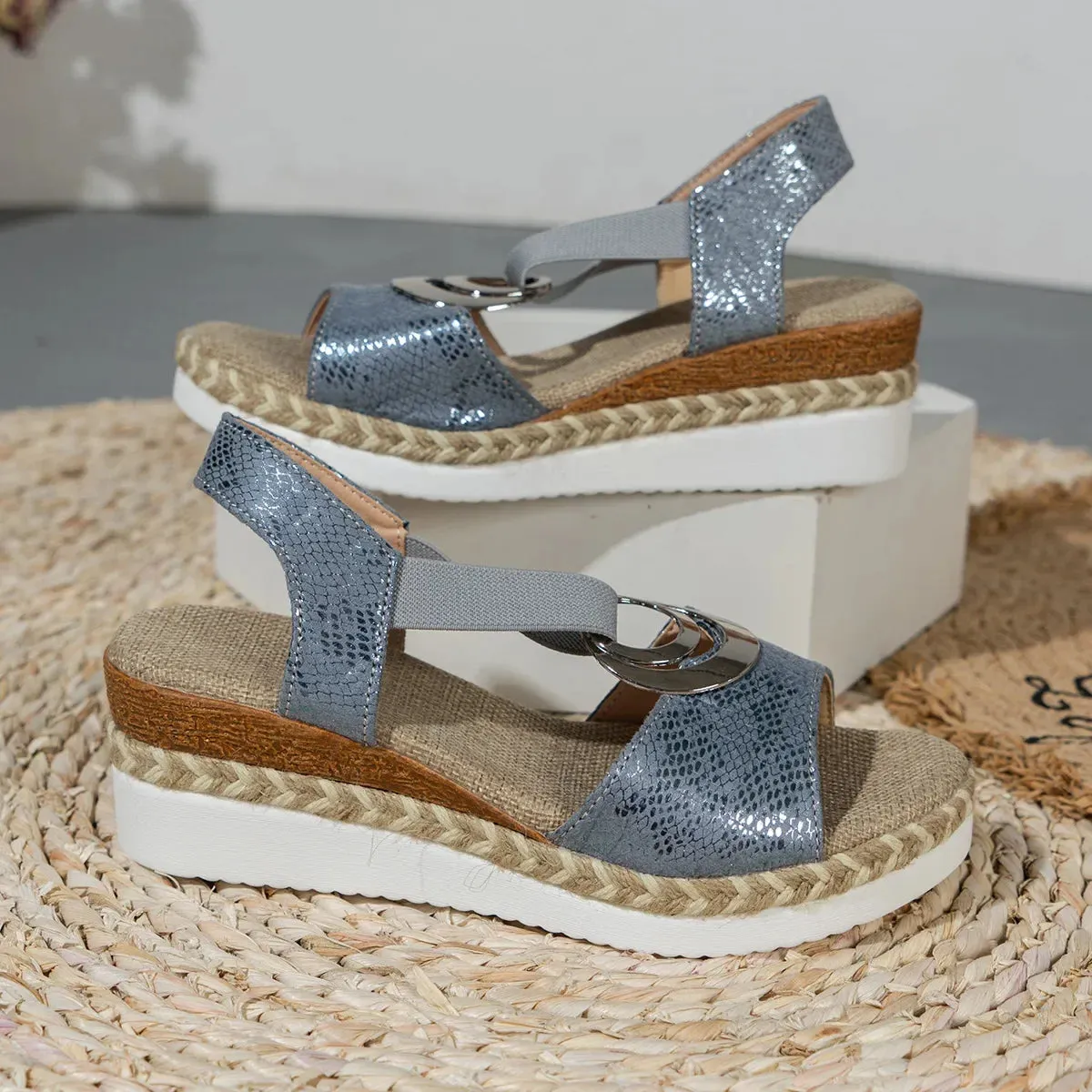 Amozae-Twine Woven Wedge Sandals Women Thick Sole Casual Roman Sandals Ladies Metal Decoration Fashion Summer Platform Sandals Women