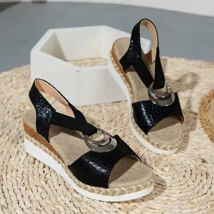 Amozae-Twine Woven Wedge Sandals Women Thick Sole Casual Roman Sandals Ladies Metal Decoration Fashion Summer Platform Sandals Women