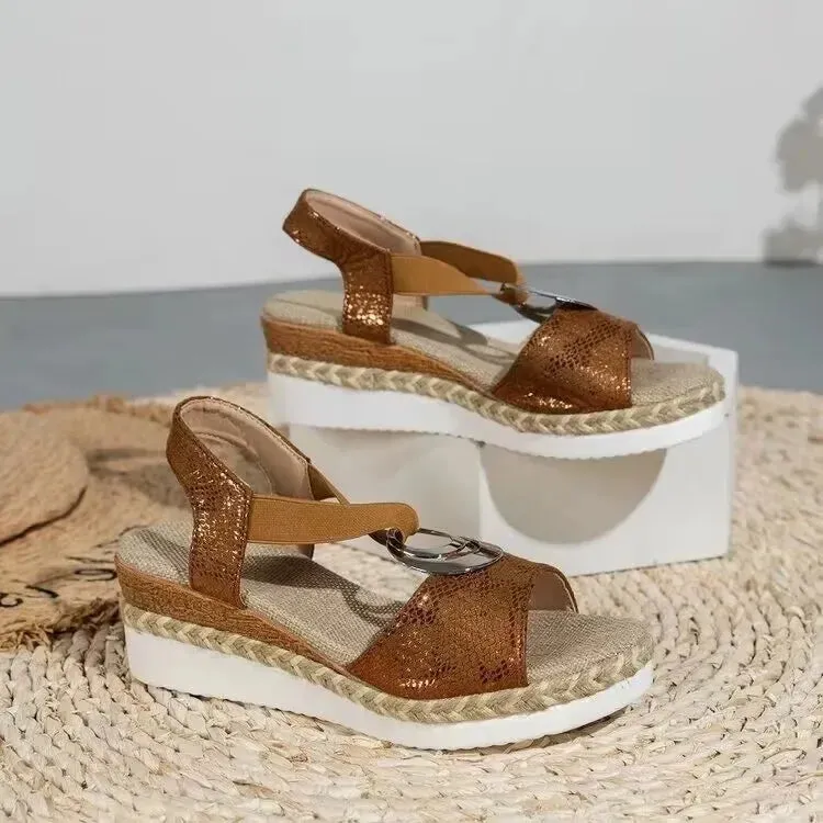 Amozae-Twine Woven Wedge Sandals Women Thick Sole Casual Roman Sandals Ladies Metal Decoration Fashion Summer Platform Sandals Women