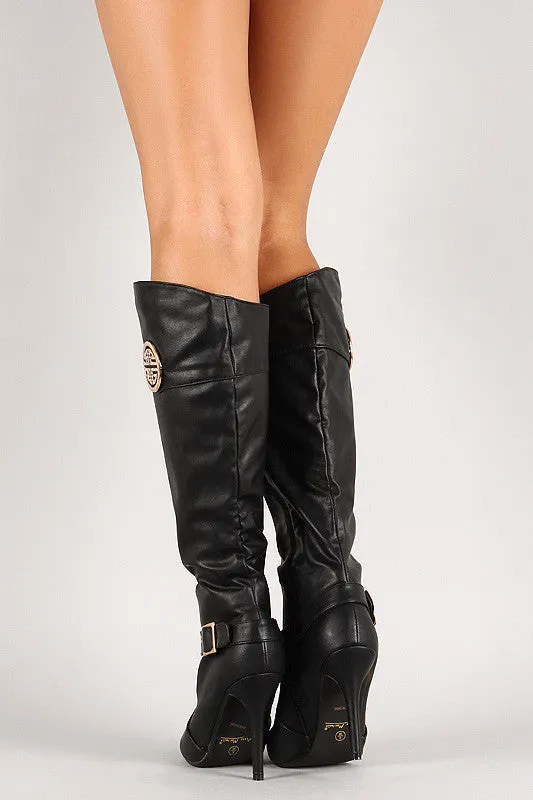 Anne Michelle Rhinestone Emblem Pointy Toe Knee High Boot