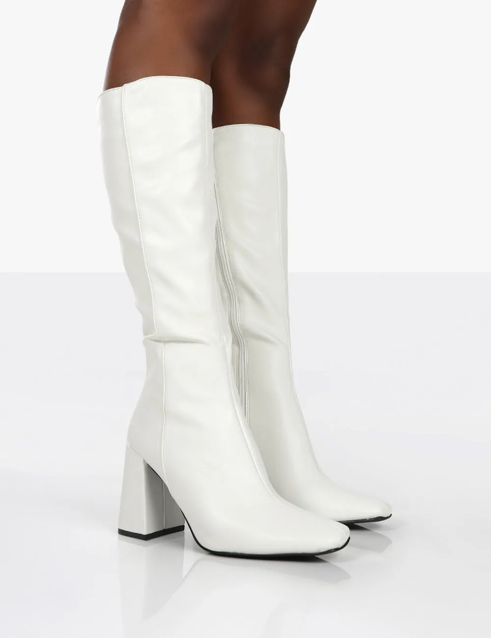 Apology White Pu Knee High Block Heel Boots