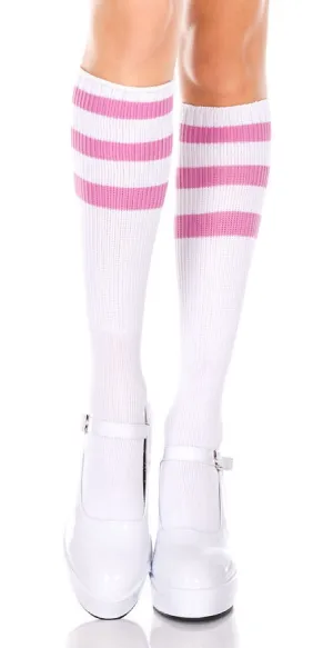 ATHLETIC STRIPE KNEE HIGH SOCKS WHITE/PINK