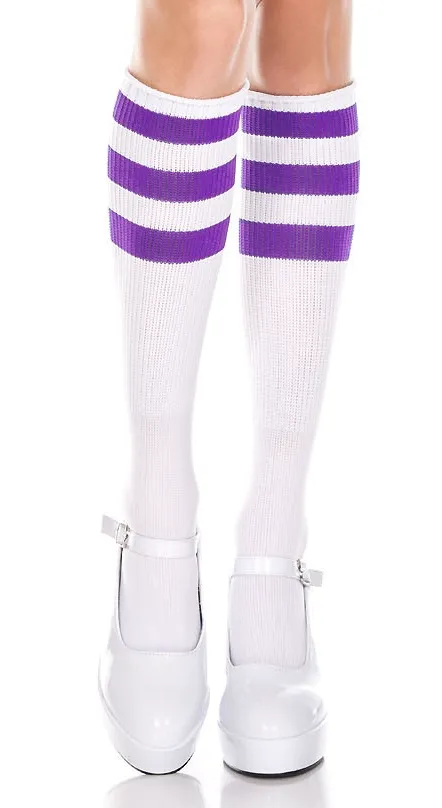 ATHLETIC STRIPE KNEE HIGH SOCKS WHITE/PURPLE