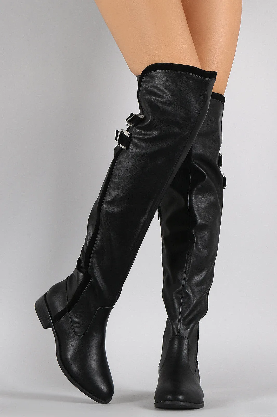 Bamboo Contrast Suede Trim Buckled Riding Over-The-Knee Boots