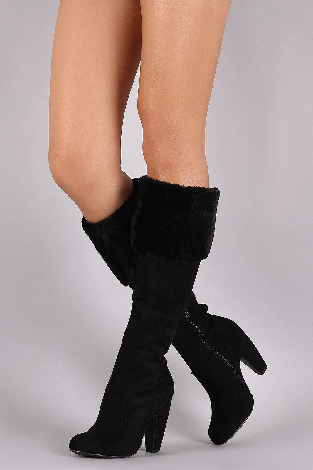 Bamboo Faux Fur Cuff Suede Heeled Knee High Boots