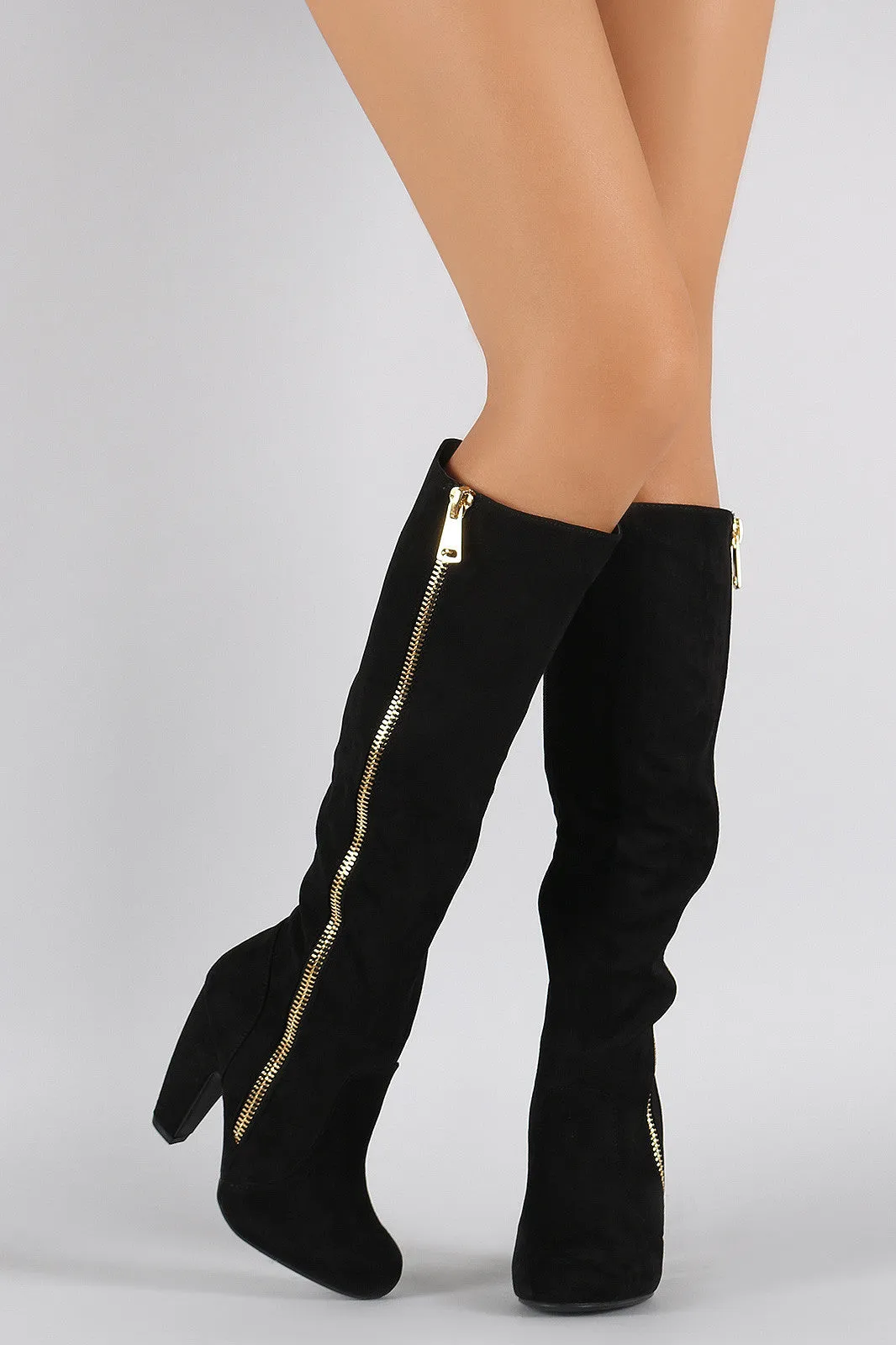 Bamboo Suede Side Zipper Heeled Knee High Boots