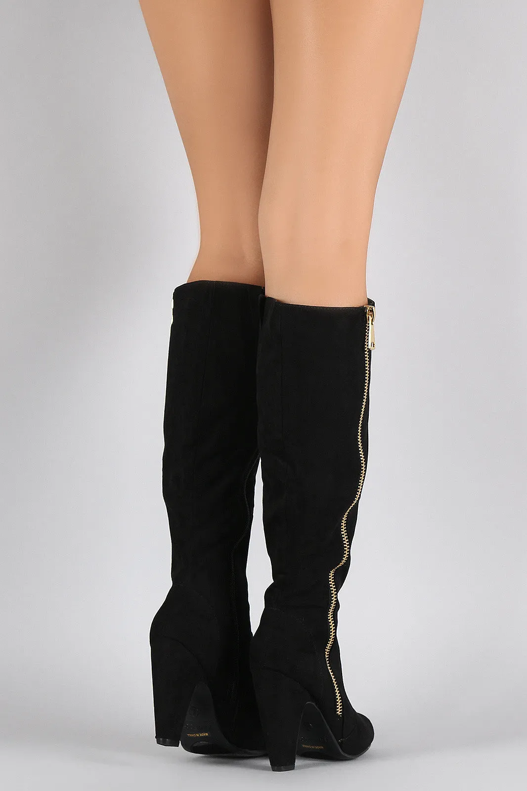 Bamboo Suede Side Zipper Heeled Knee High Boots