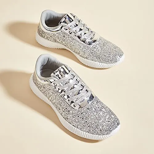 BELOS Women's Glitter Shoes Sparkly Lightweight Metallic Sequins Tennis Shoes(8.5B(M) US, Silver)