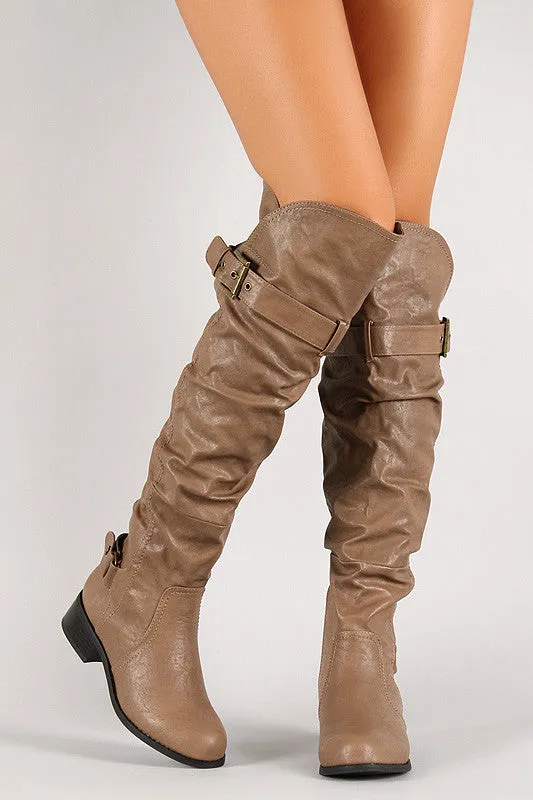 Belted Strap Screw Slouchy Knee High Riding Boot