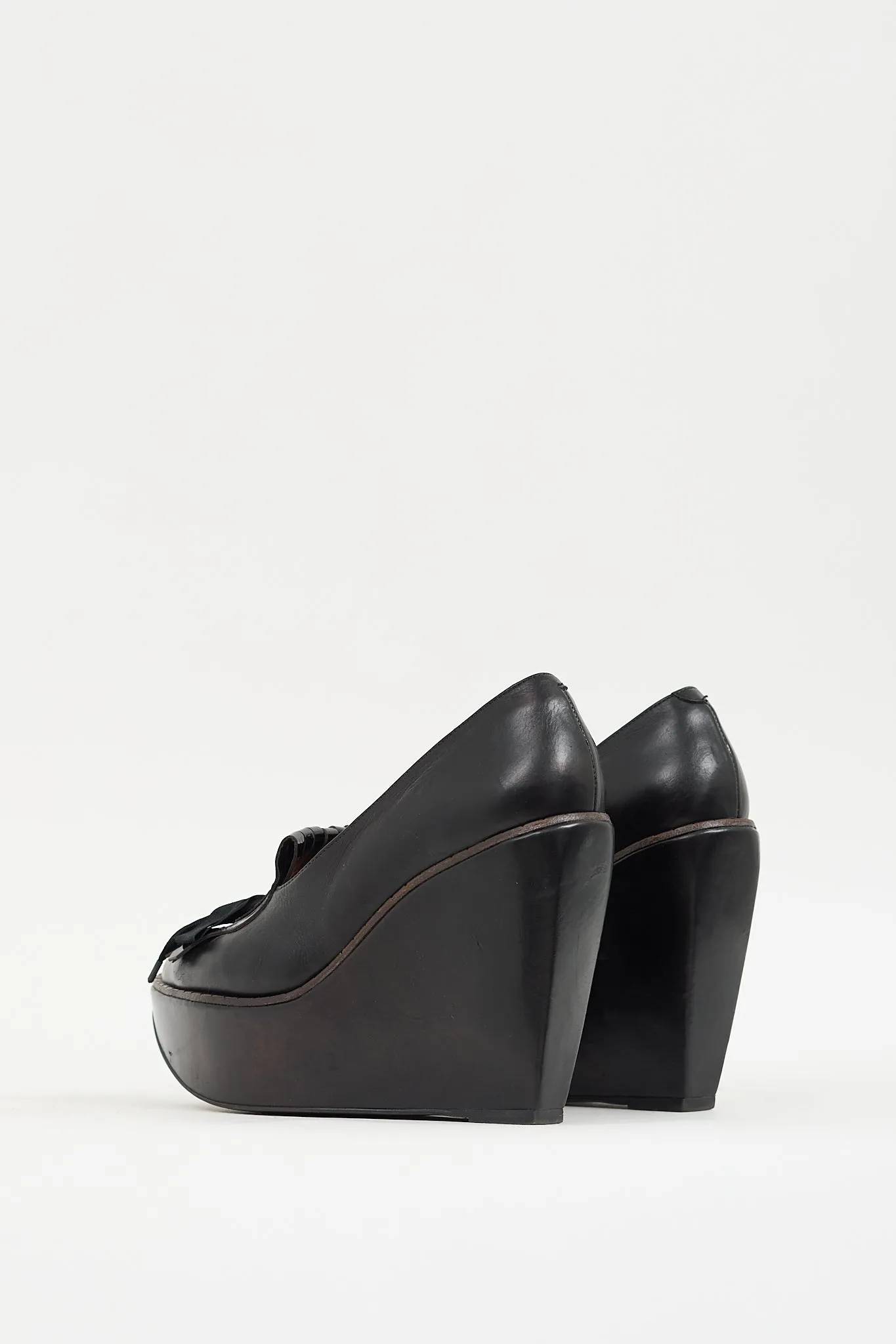 Black Leather Fringed Platform Wedge Heel