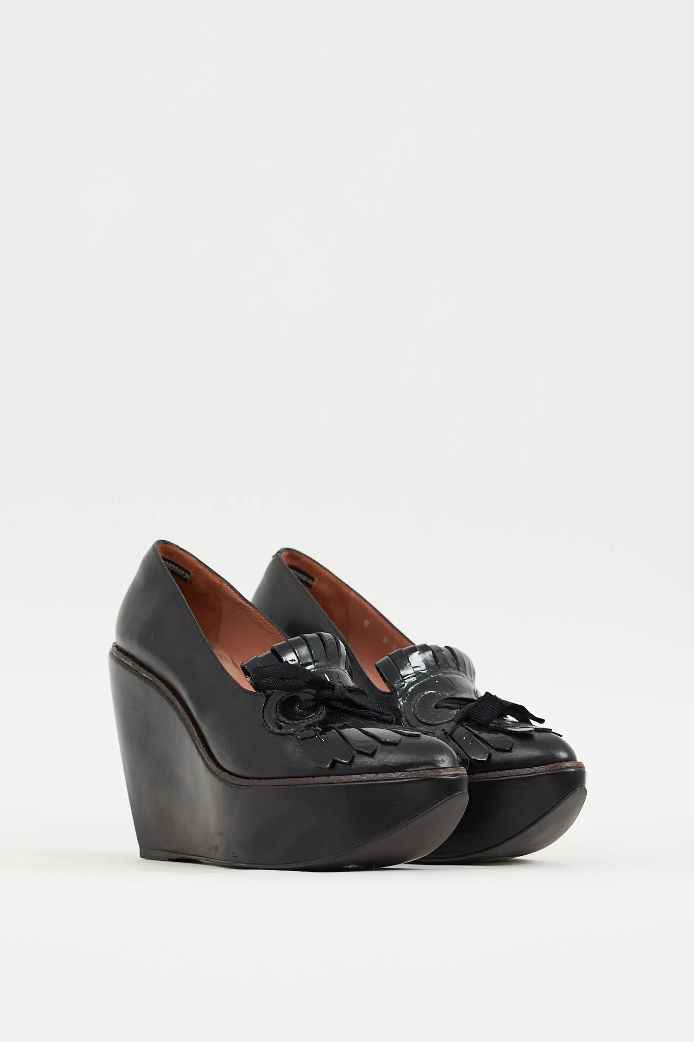 Black Leather Fringed Platform Wedge Heel