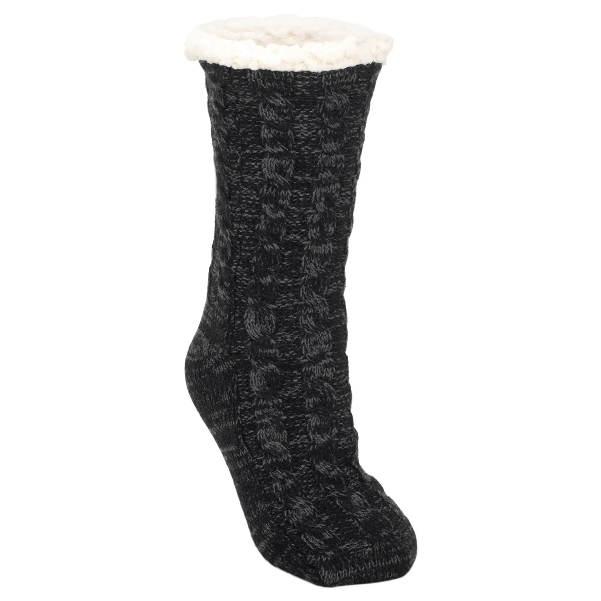 Black Simple Knit Womens One Size Plush Lined Non Skid Indoor Slipper Socks