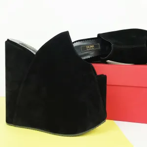 Black Suede Platform Wedge High Heel Mules