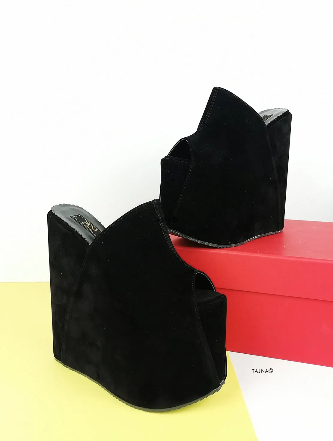 Black Suede Platform Wedge High Heel Mules