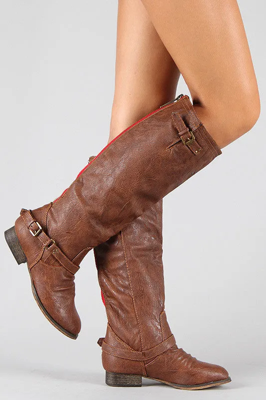 Breckelle Double Buckle Contrast Zipper Riding Knee High Boot