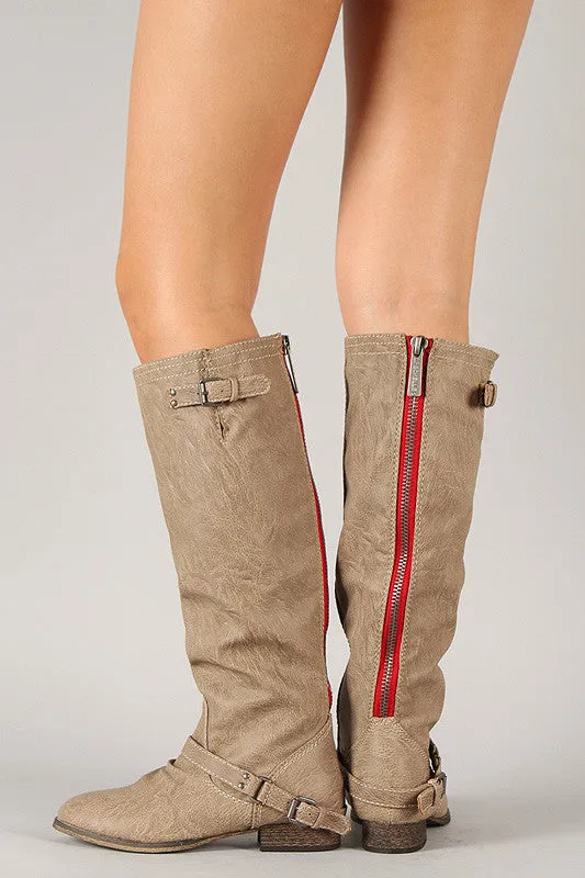 Breckelle Double Buckle Contrast Zipper Riding Knee High Boot