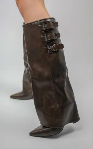 Brown Knee High Fold Over Buckle Boots