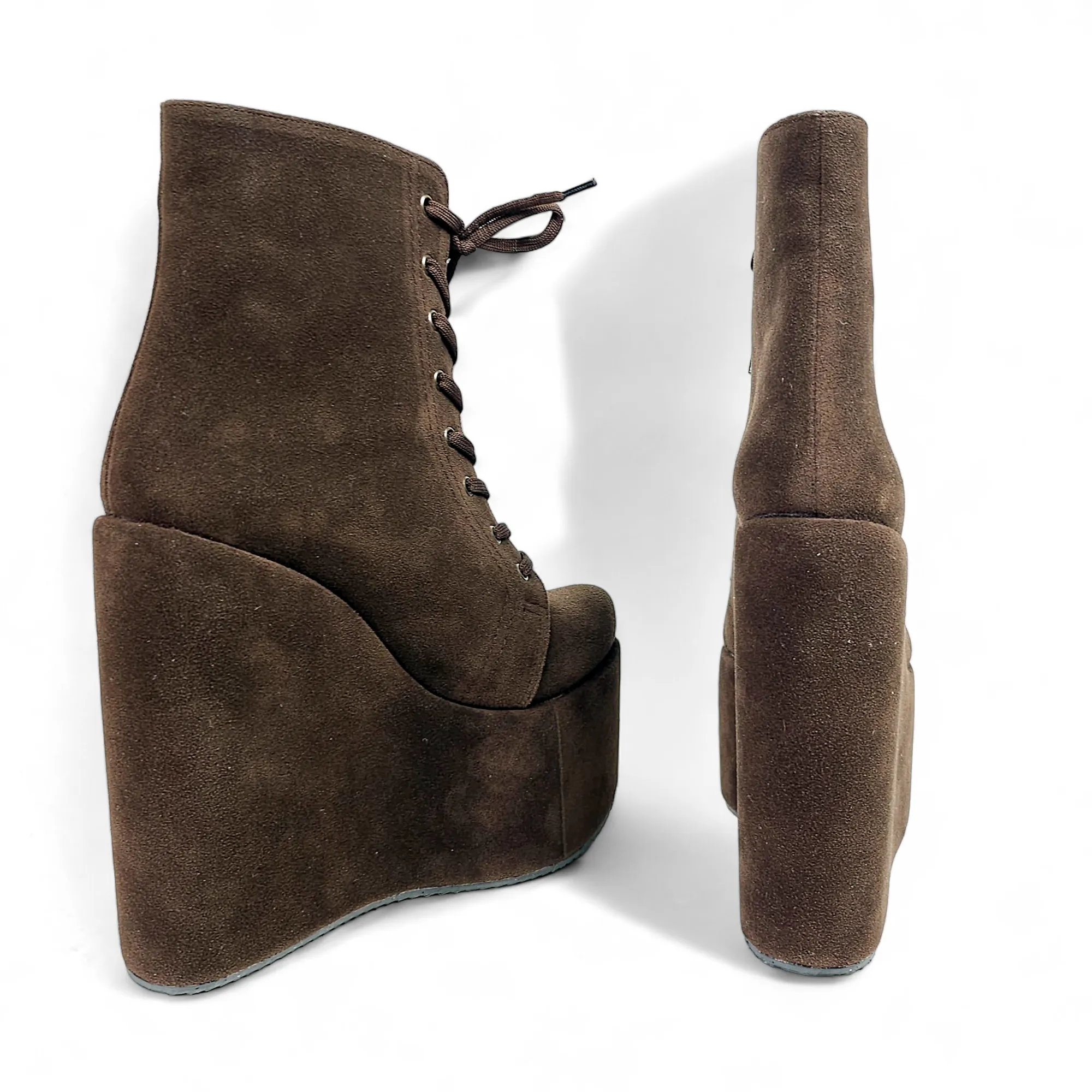 Brown Lace Up High Heel Platform Wedge Ankle Boots