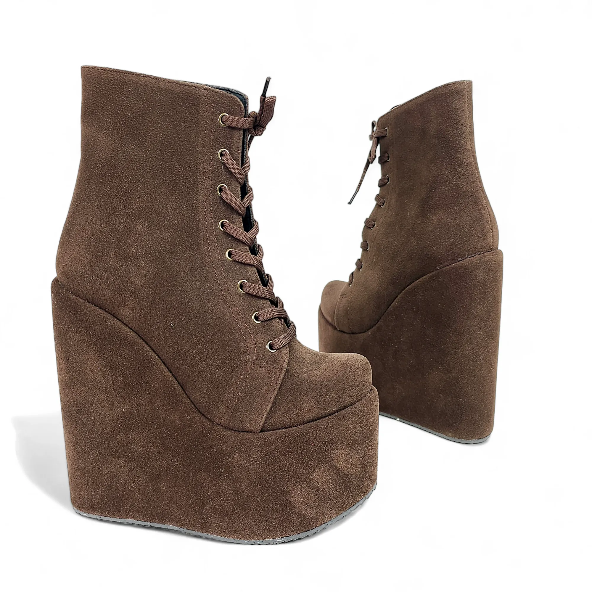 Brown Lace Up High Heel Platform Wedge Ankle Boots