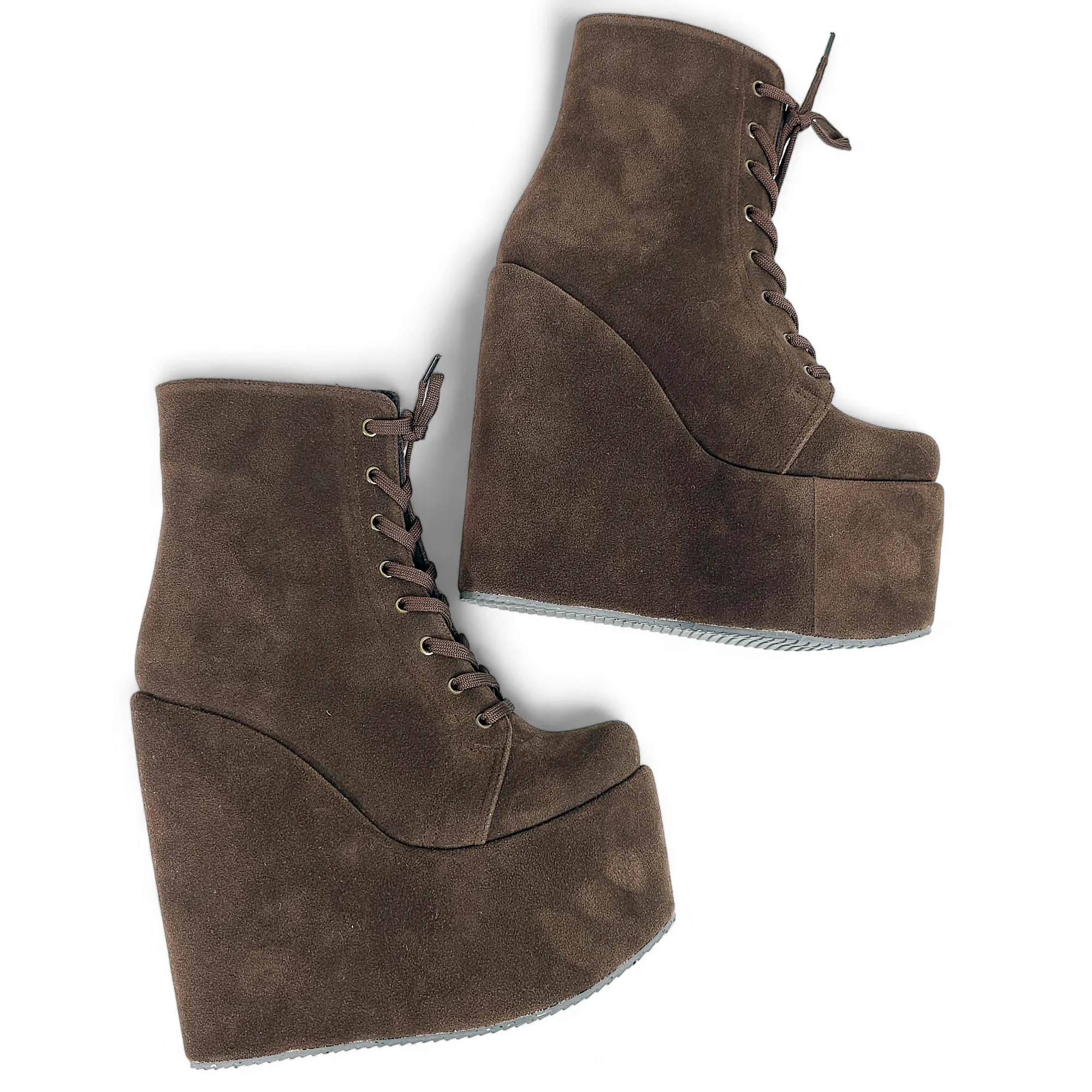 Brown Lace Up High Heel Platform Wedge Ankle Boots