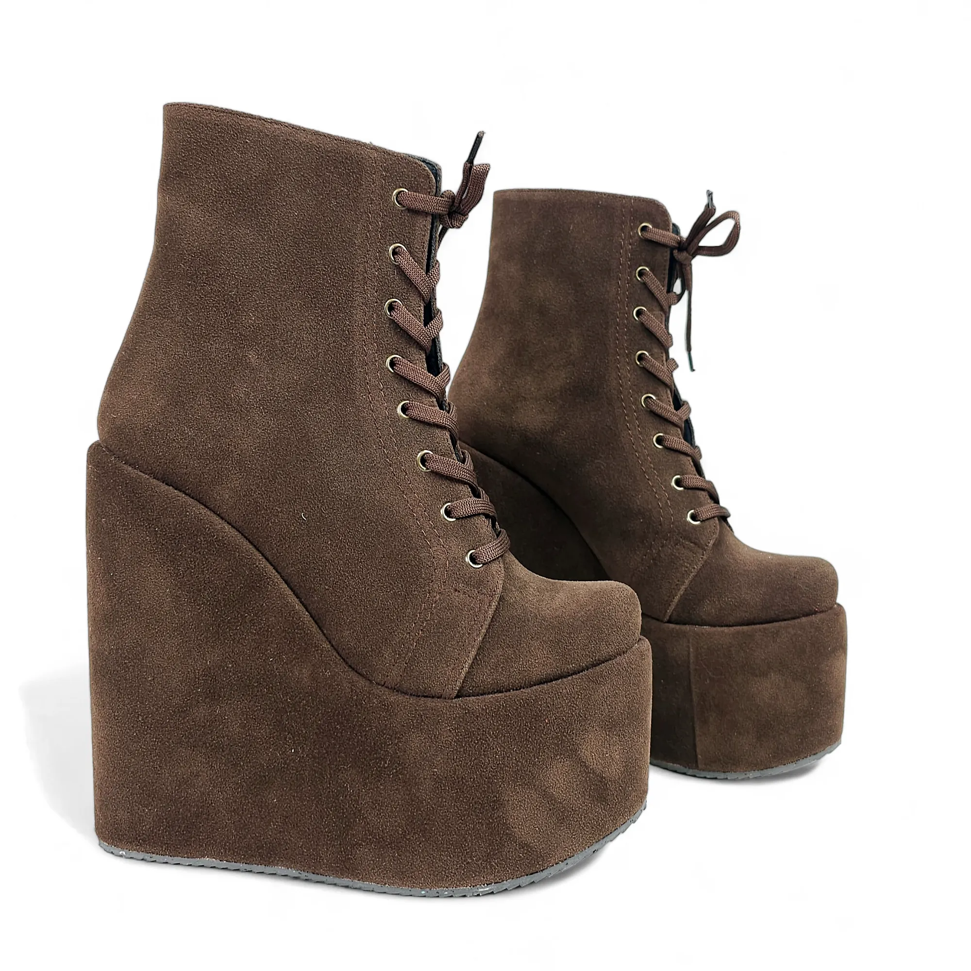 Brown Lace Up High Heel Platform Wedge Ankle Boots