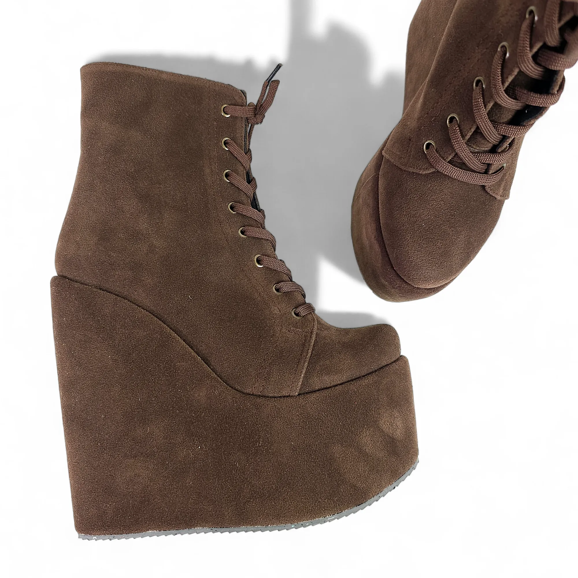 Brown Lace Up High Heel Platform Wedge Ankle Boots