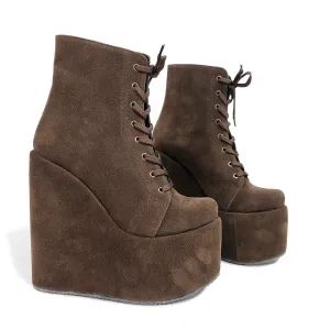 Brown Lace Up High Heel Platform Wedge Ankle Boots