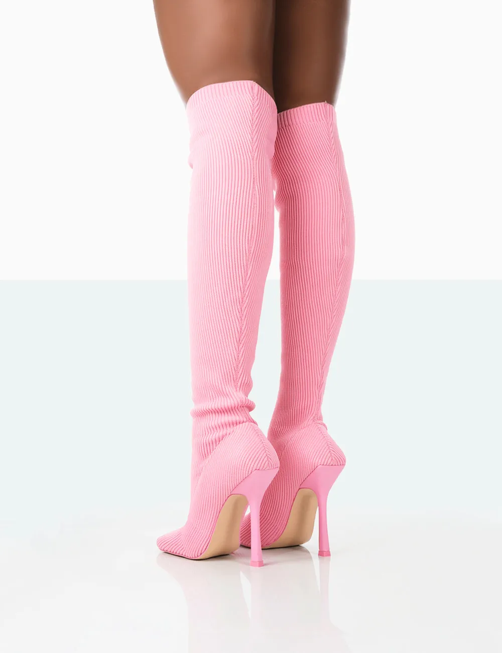 Bubbles Pink Knitted Square Toe Over The Knee Stiletto Boots