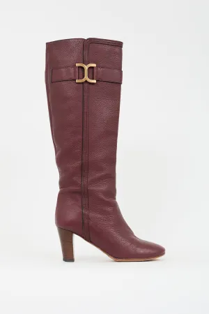 Burgundy Pebbled Leather Knee High Boot