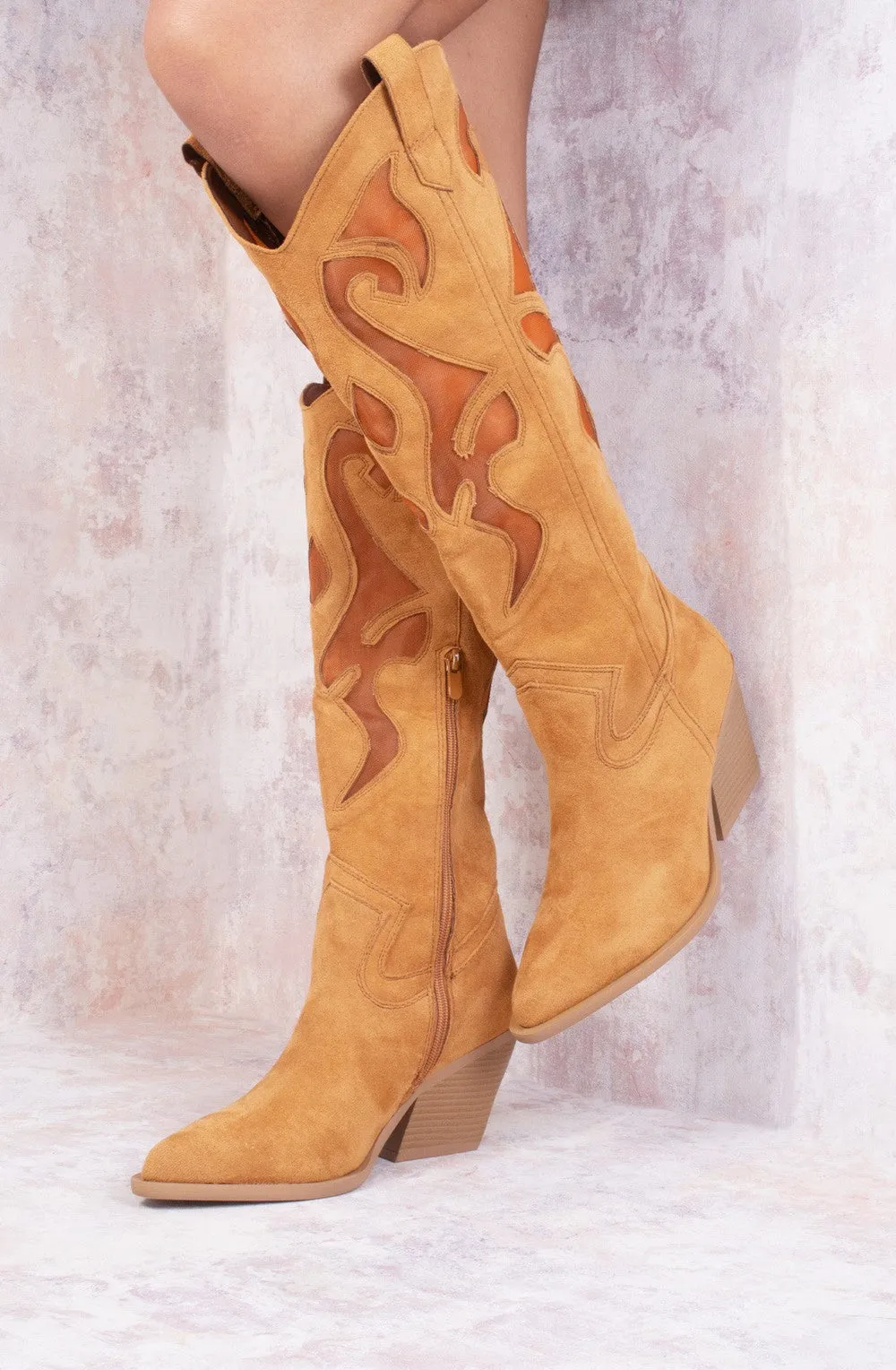 Camel Faux Suede Western Style Knee High Mesh Cowboy Boot