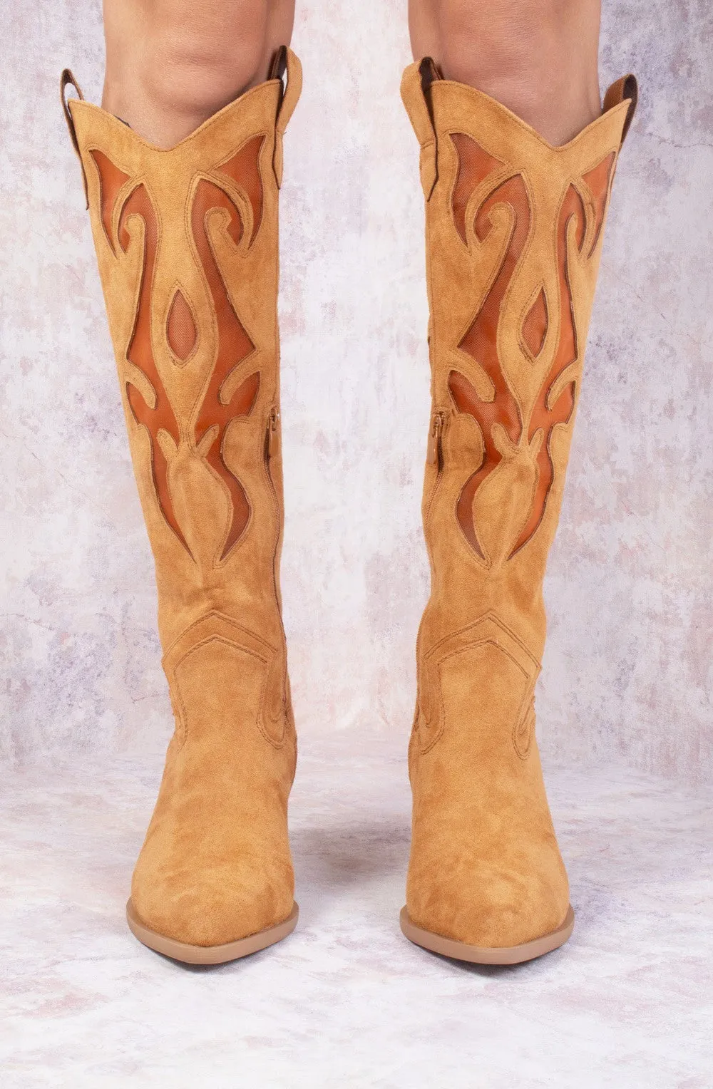 Camel Faux Suede Western Style Knee High Mesh Cowboy Boot