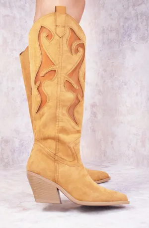 Camel Faux Suede Western Style Knee High Mesh Cowboy Boot