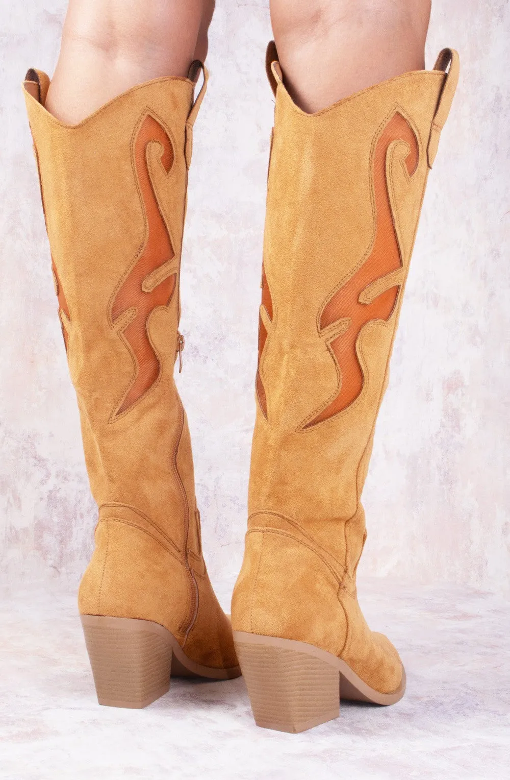 Camel Faux Suede Western Style Knee High Mesh Cowboy Boot