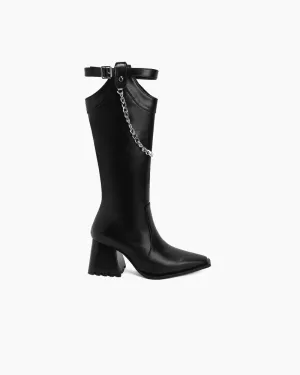 Chain Straps Chunky Heel Cowboy Winter Warm Boots