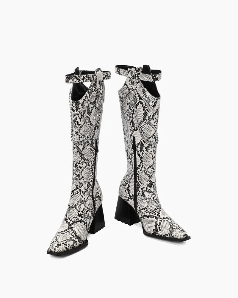 Chain Straps Chunky Heel Cowboy Winter Warm Boots