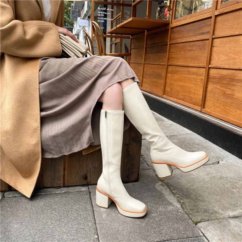 Chic Round Toe Zip Fashion Thick Square Heel Knee High Boots