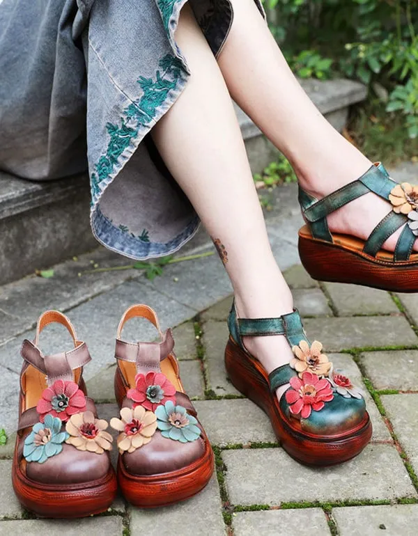 Close Toe Wedge Heel Flower Leather Summer Sandals