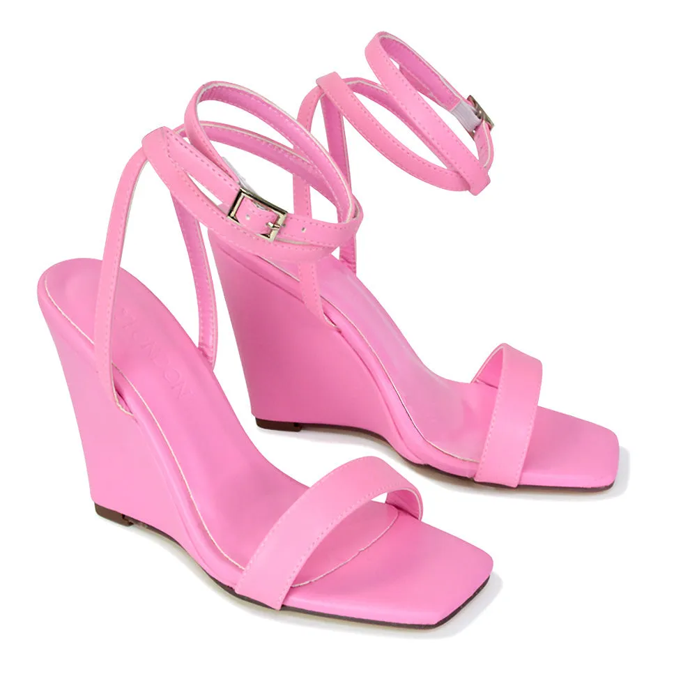 Collins Strappy Ankle Strap Wedge High Heels Square Toe Shoes in Pink