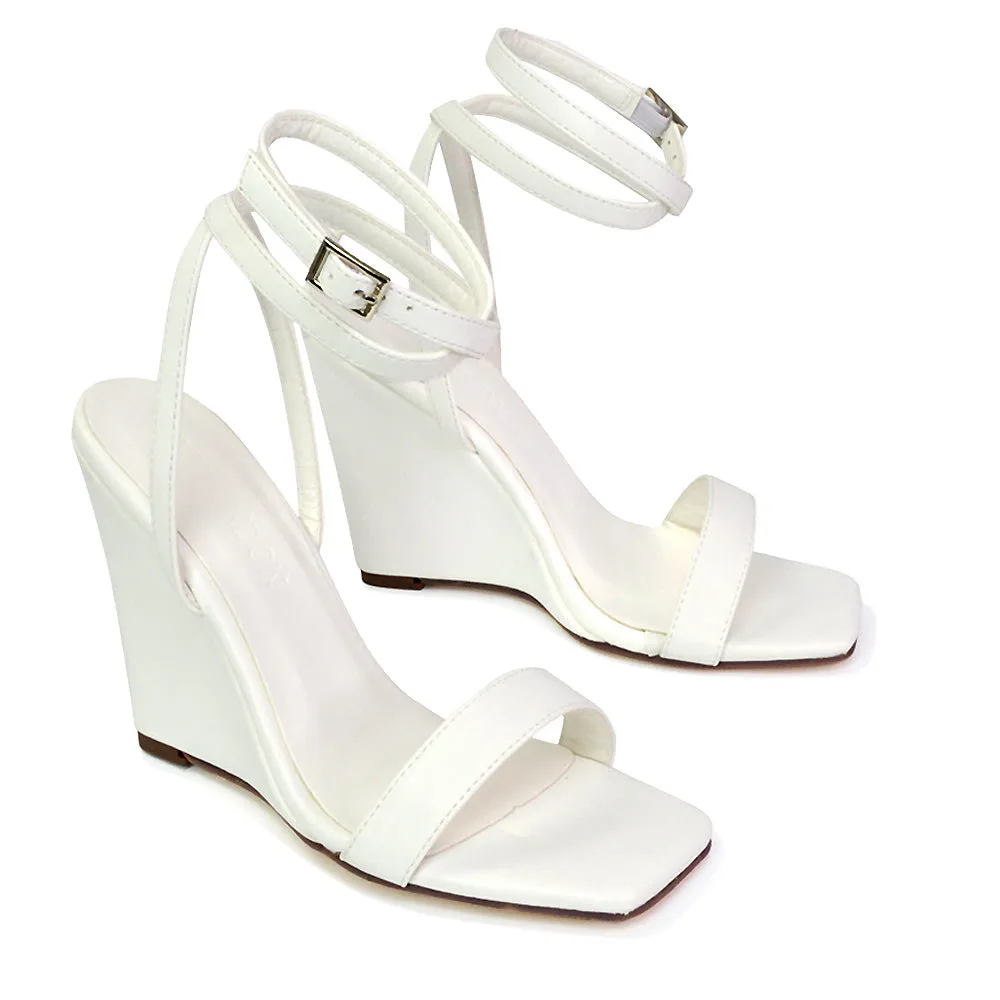 Collins Strappy Ankle Strap Wedge High Heels Square Toe Shoes in Pink