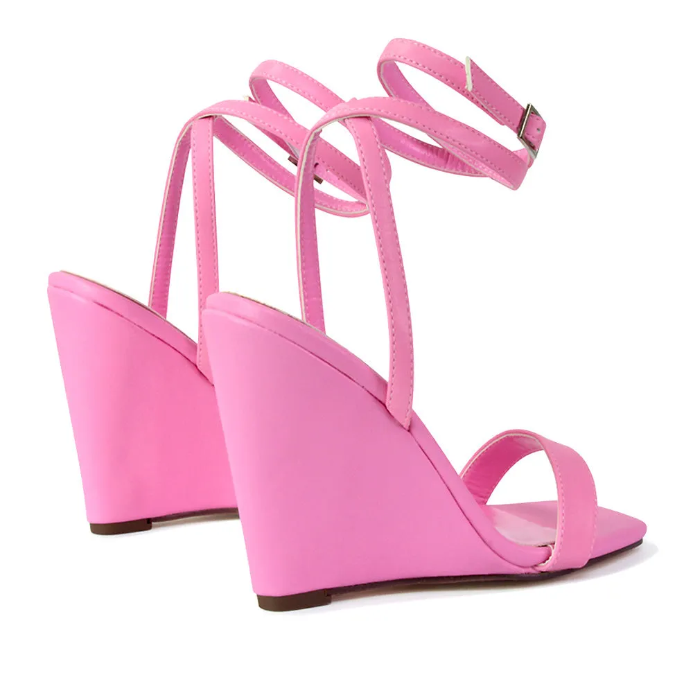 Collins Strappy Ankle Strap Wedge High Heels Square Toe Shoes in Pink