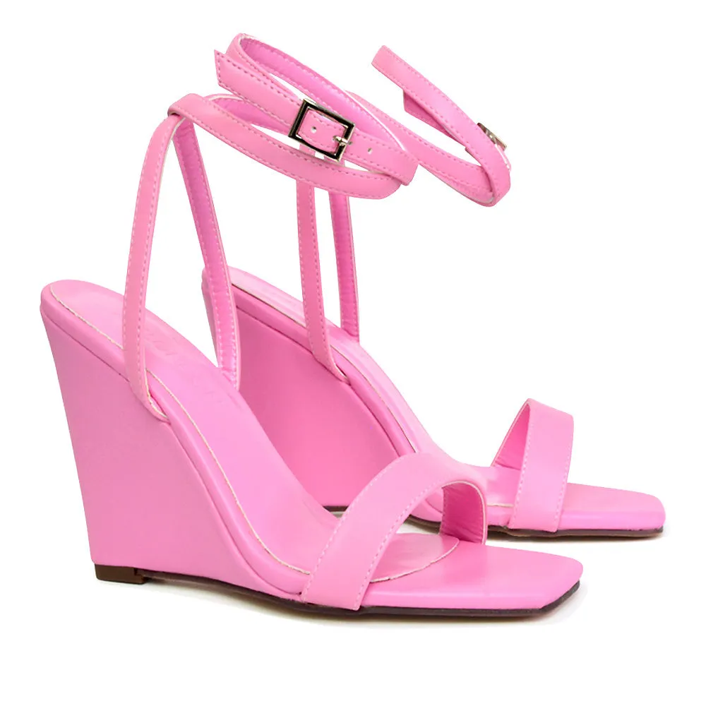 Collins Strappy Ankle Strap Wedge High Heels Square Toe Shoes in Pink