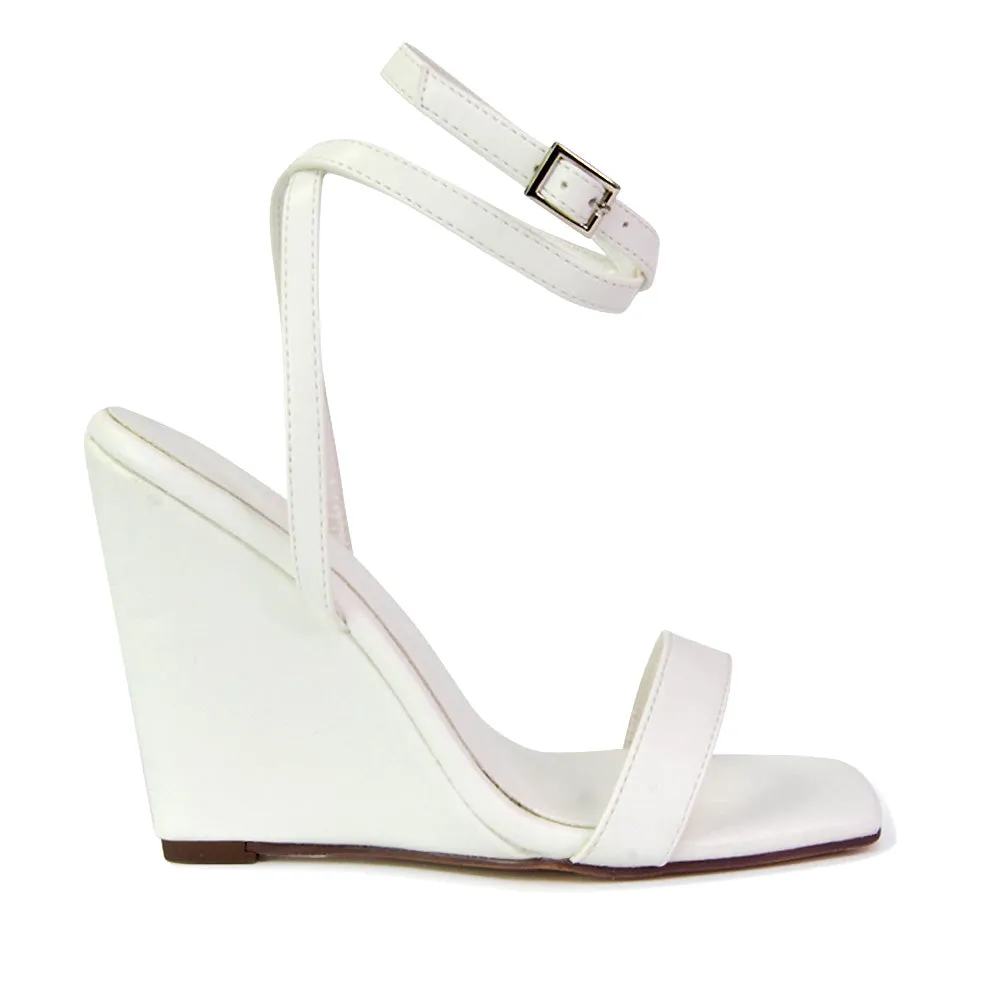 Collins Strappy Ankle Strap Wedge High Heels Square Toe Shoes in White