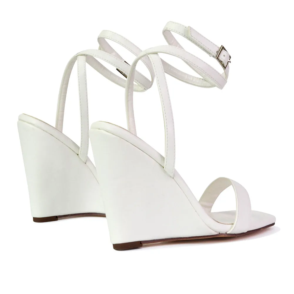 Collins Strappy Ankle Strap Wedge High Heels Square Toe Shoes in White