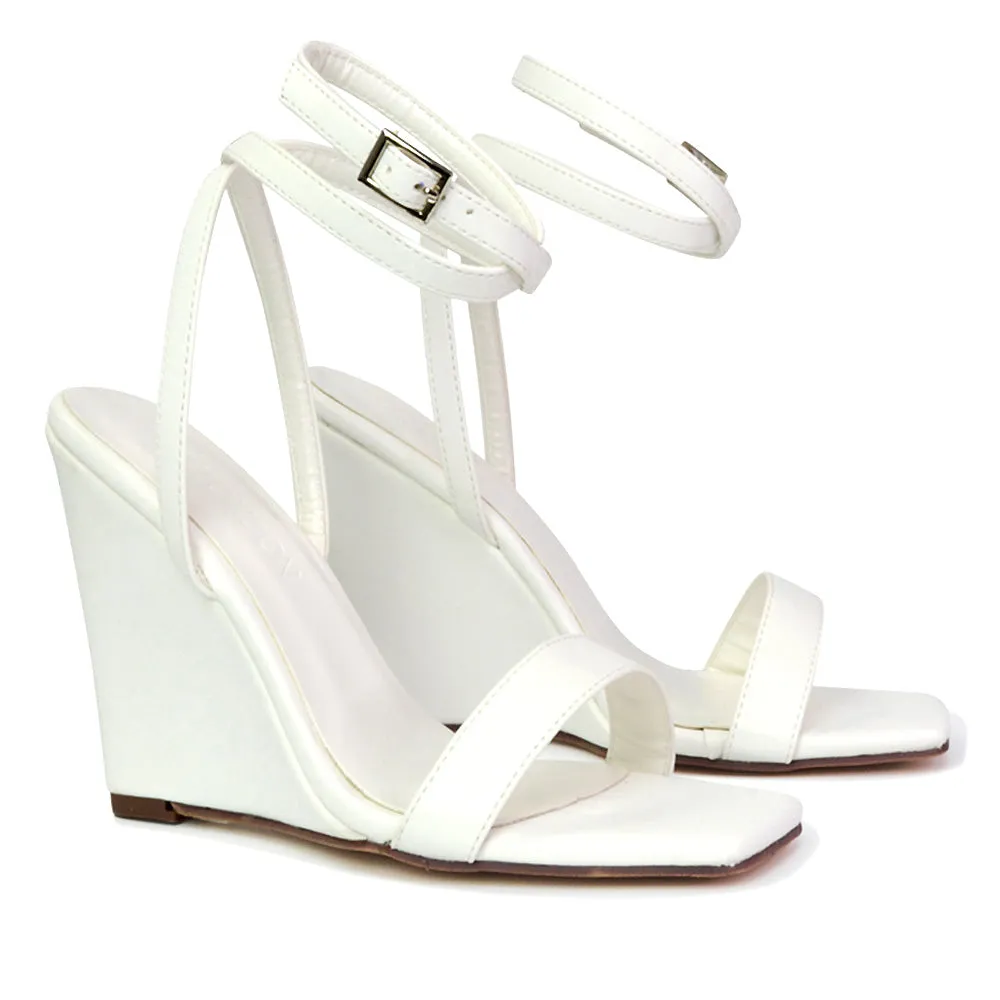 Collins Strappy Ankle Strap Wedge High Heels Square Toe Shoes in White