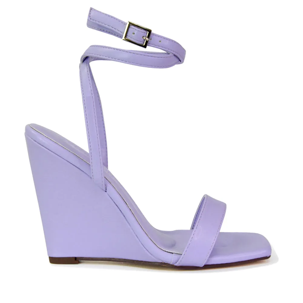 Collins Strappy Ankle Strap Wedge High Heels Square Toe Shoes in White