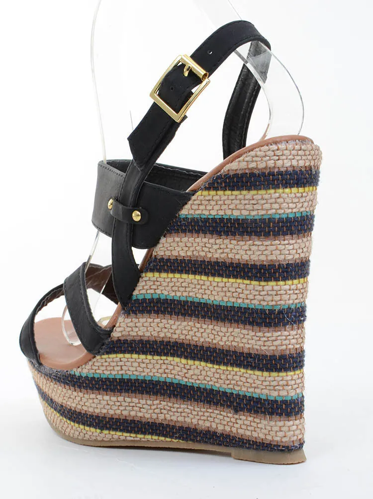 Criss-cross Striped Platform Sandal Wedges Black