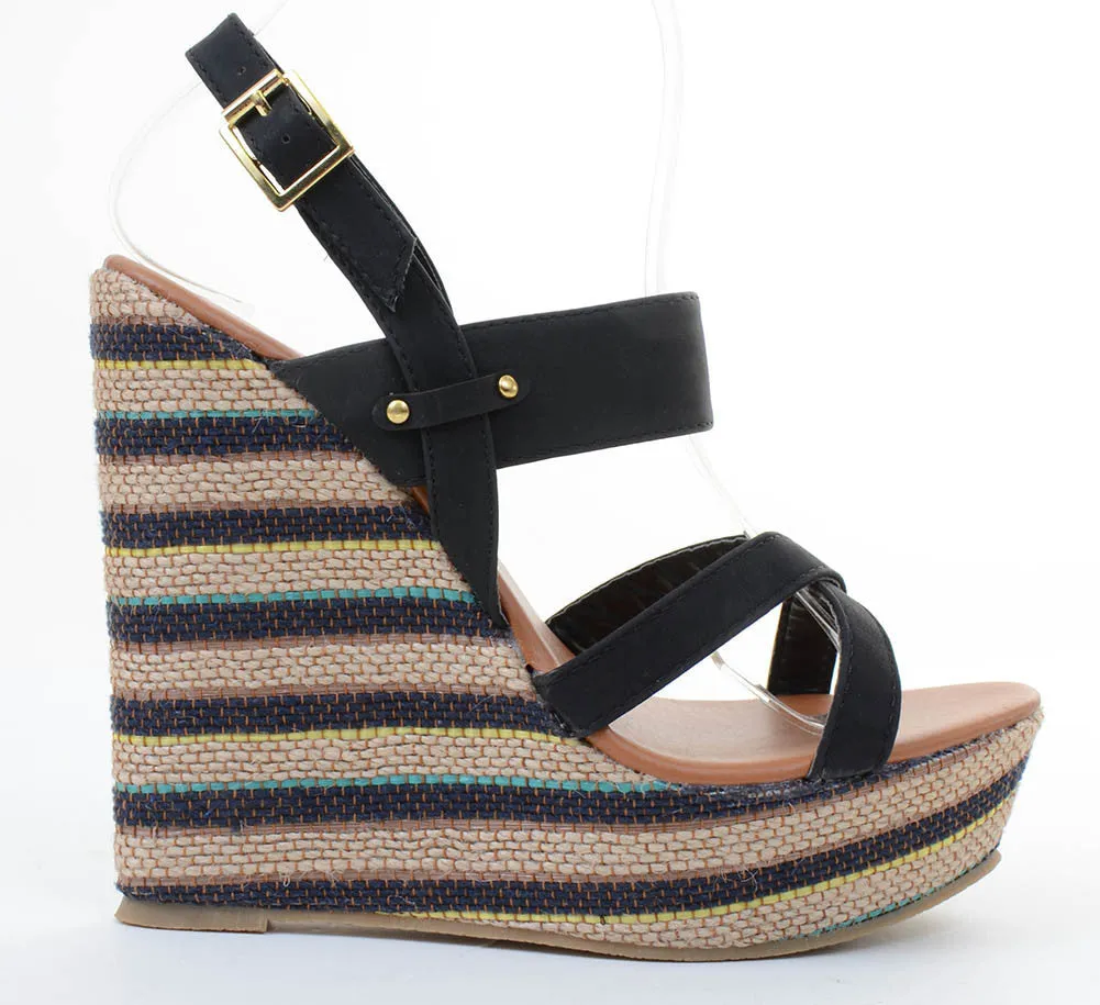 Criss-cross Striped Platform Sandal Wedges Black