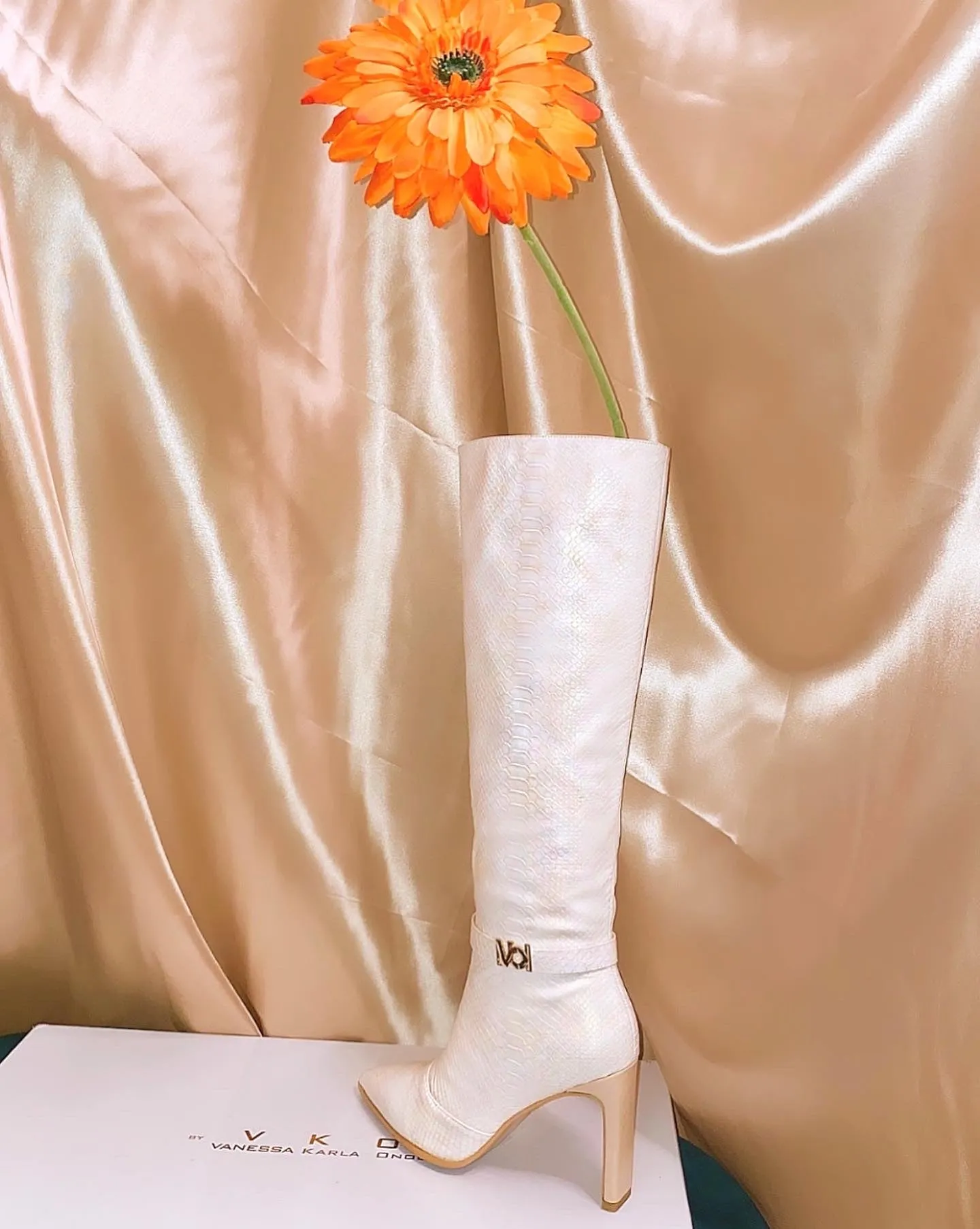 Croc Effect Knee High Boots in Cream Chameleon